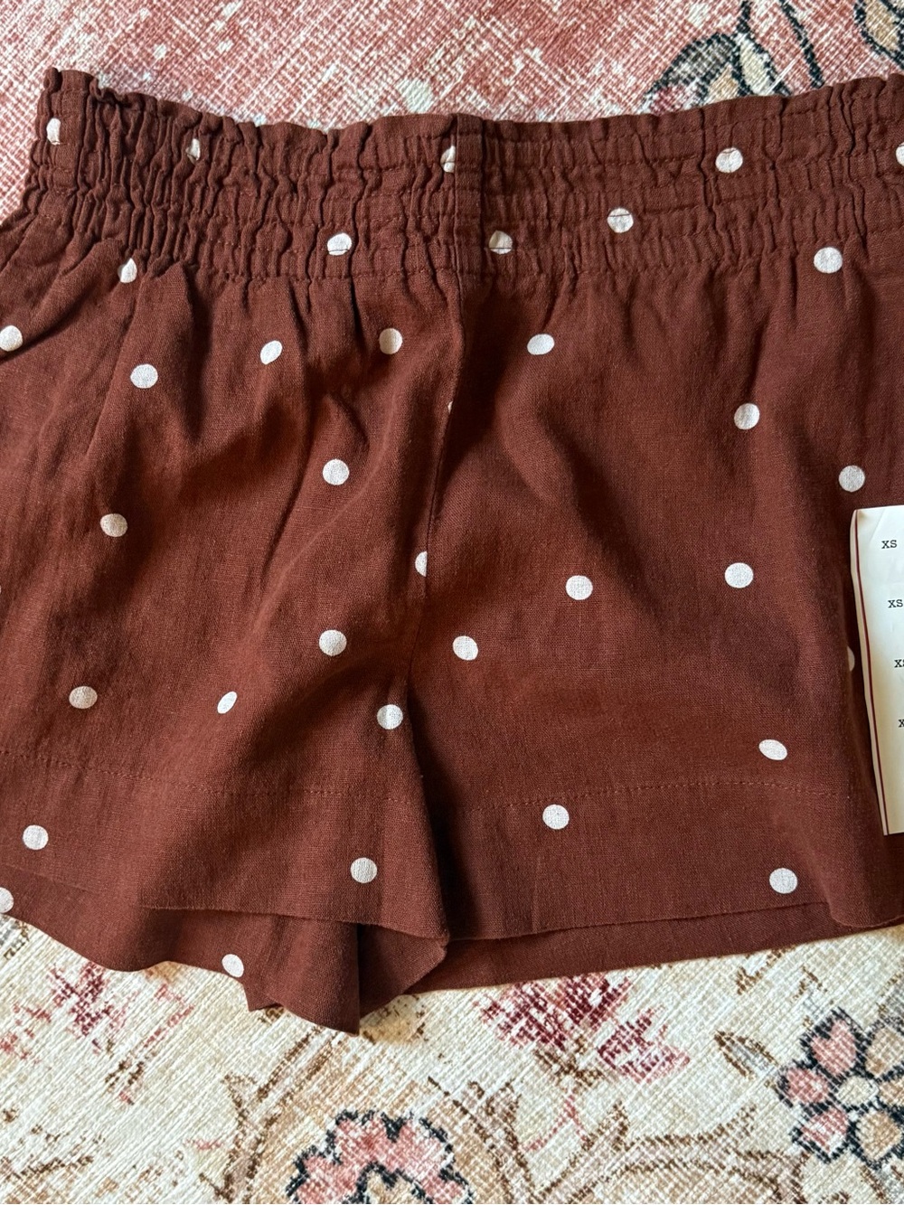 Women's Polka Dot Elastic Waist Brown Linen Shorts